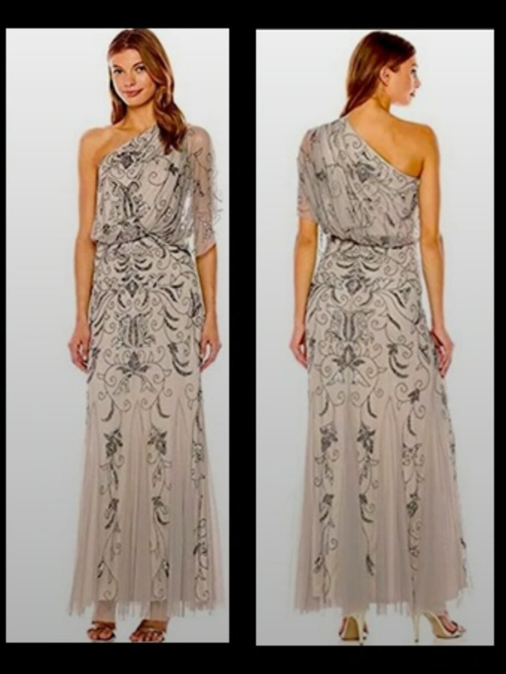 Adrianna Papell Beaded One Shoulder Platinum Tulle Gown Sz 8